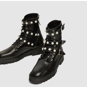 (SOLD) Zara leather pearl ankle booties